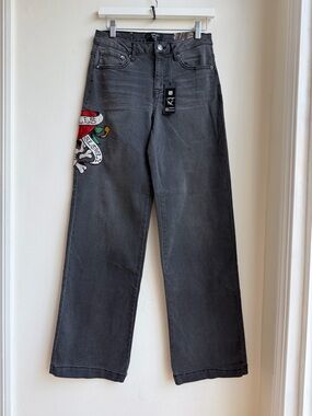 NWT ED HARDY Women's Love Kills Slowly Black Denim Jeans 24 Wide Leg Embroidered